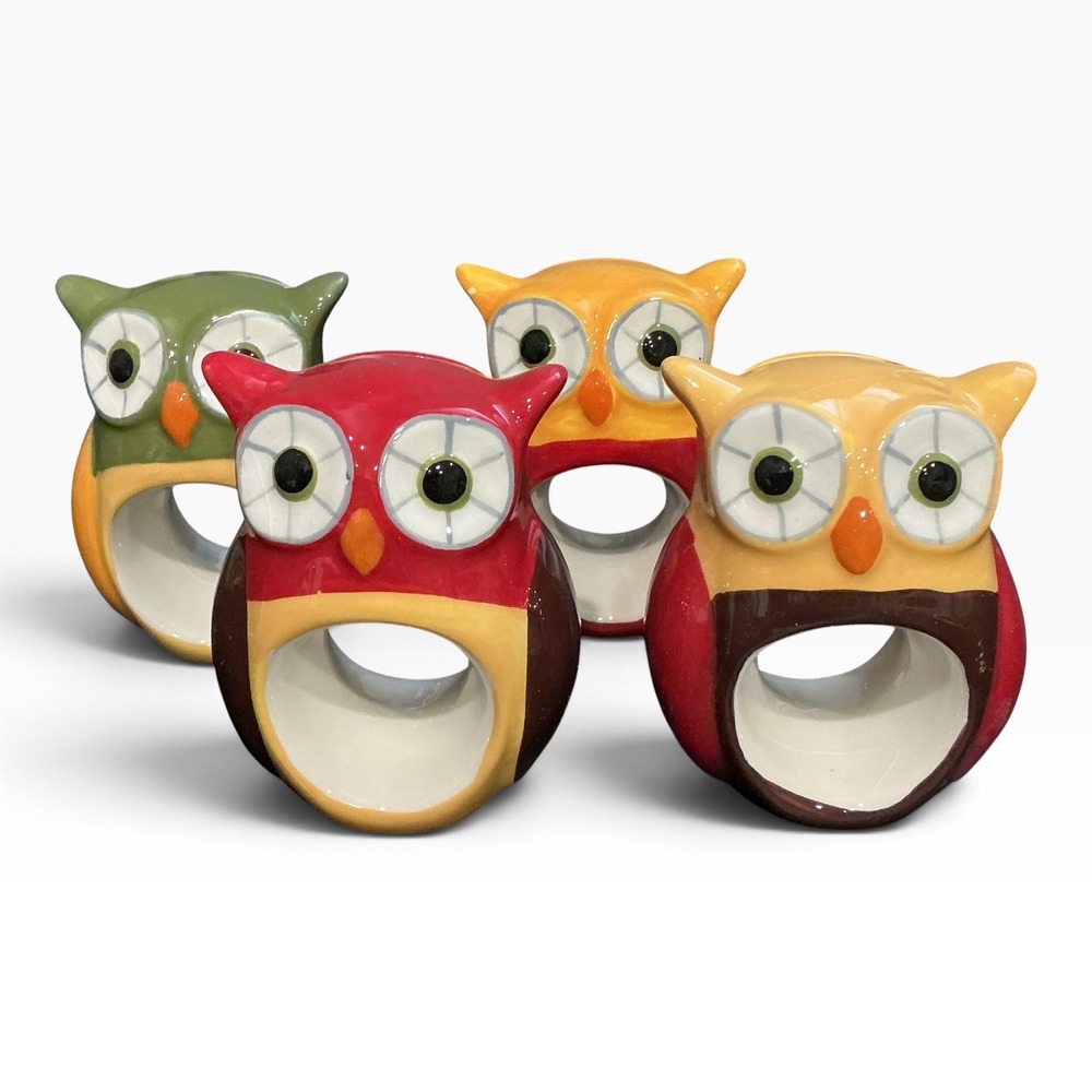Boston Warehouse Harvest Owl Napkin Rings Place Card Holders Set 4 Fall Decor